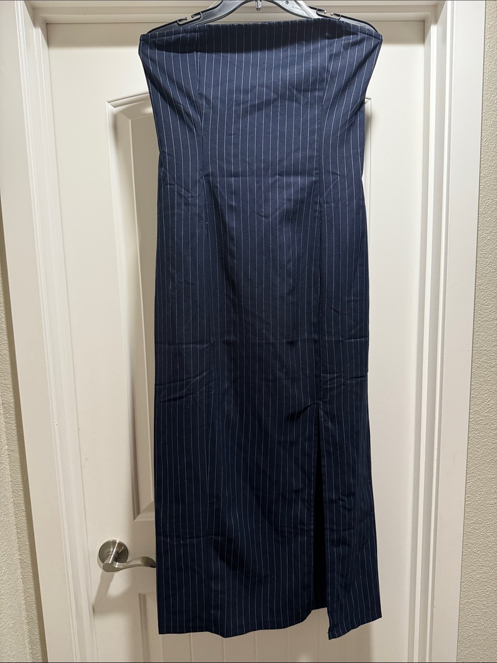 Shoe Dazzle Navy Pinstripe Strapless Midi Dress